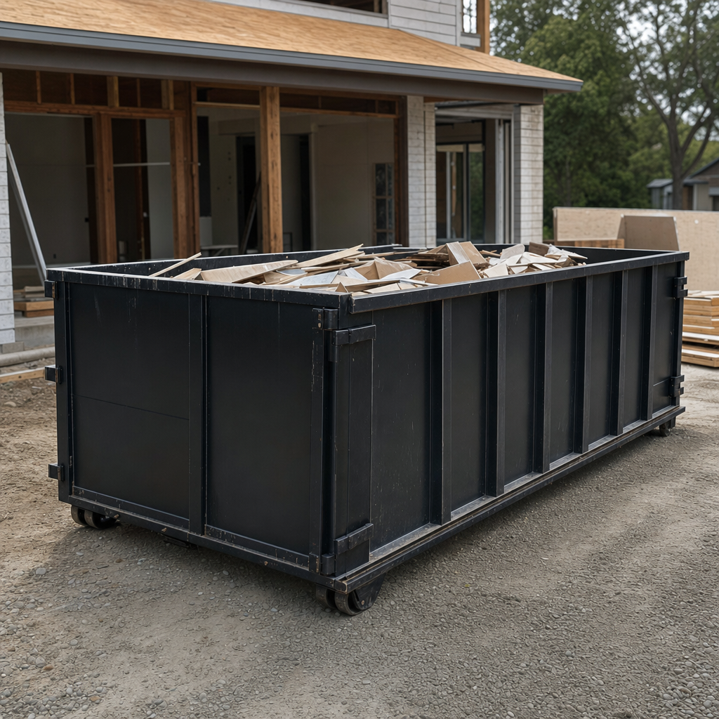 Large matte-black 30-yard construction roll-off dumpster at an active San Bernardino jobsite, steel-gray top rails and bottom rollers visible, loaded with construction debris.