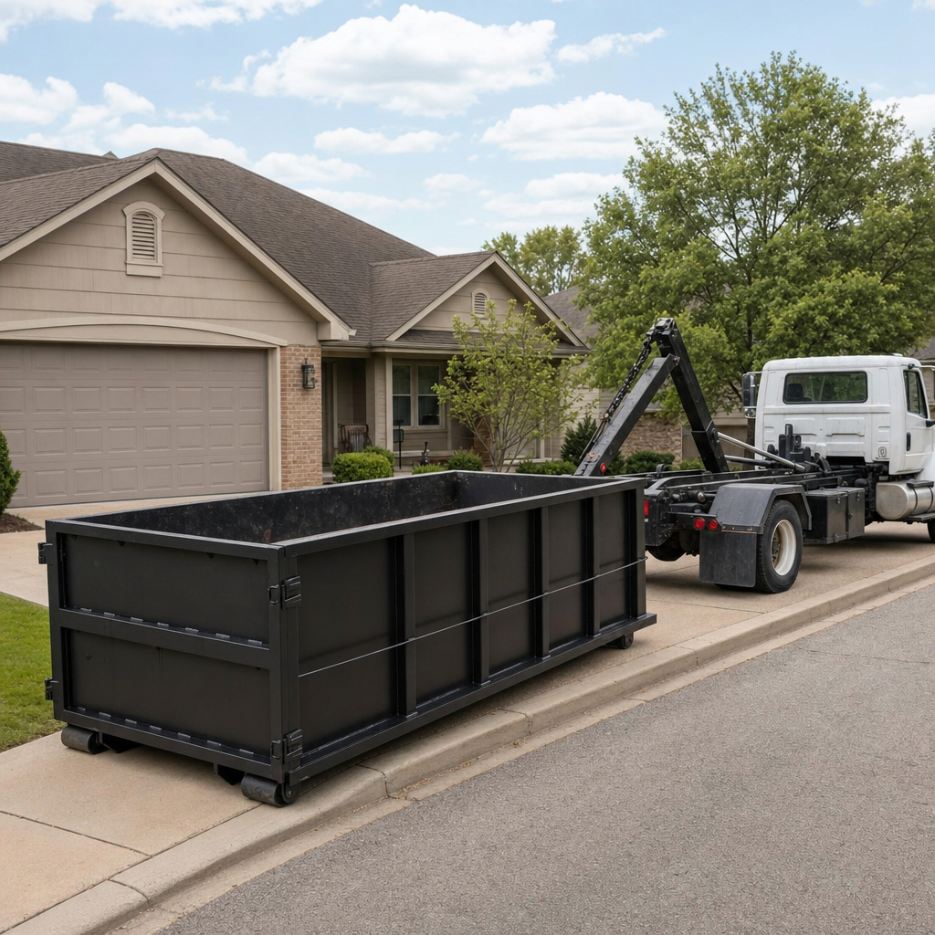 Wide documentary shot of a matte-black roll-off dumpster on a San Bernardino residential driveway in the foreground and a contractor jobsite container in the soft-focus background, bright daylight, calm and orderly composition.