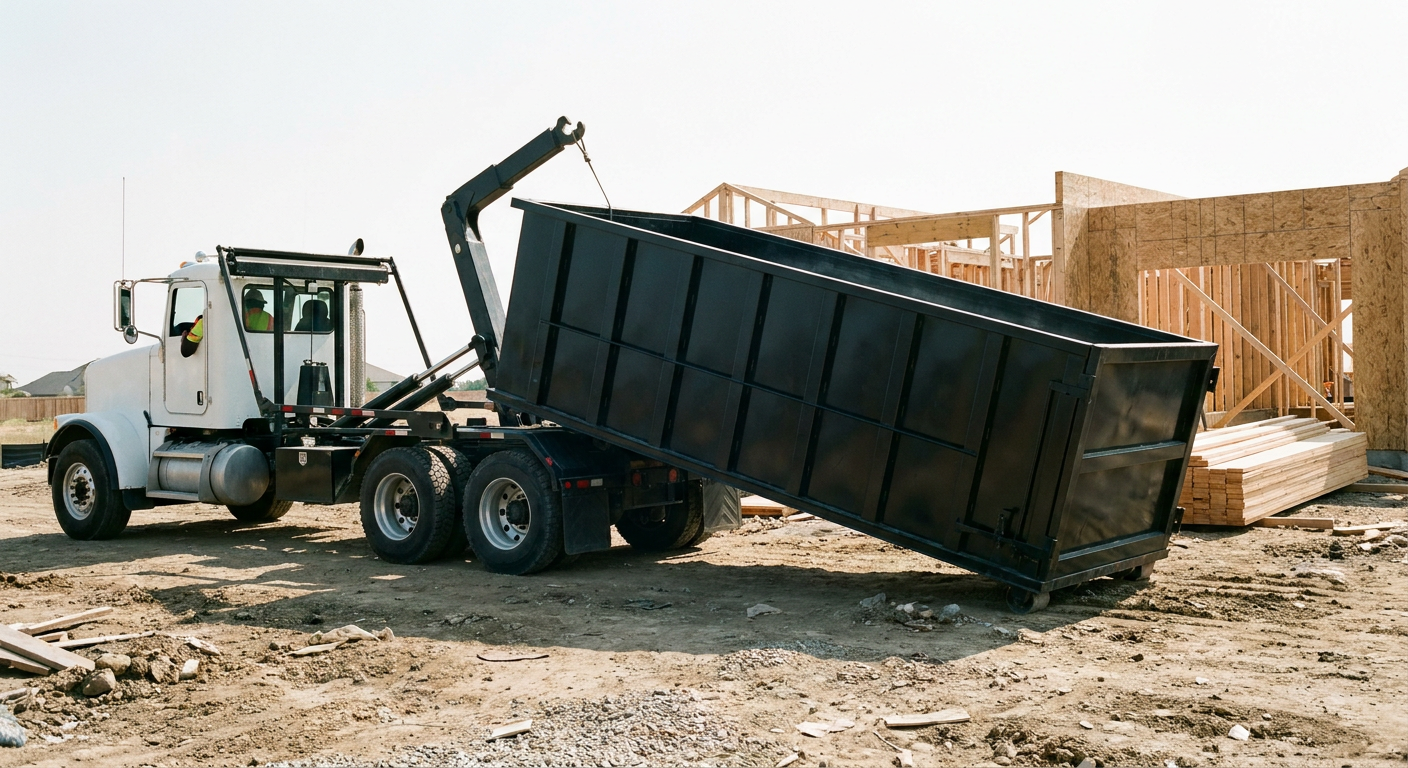 Matte-black roll-off dumpster being delivered onto a clean residential concrete driveway in San Bernardino by an unmarked white hooklift hauler truck, bright morning daylight, documentary 35mm perspective.